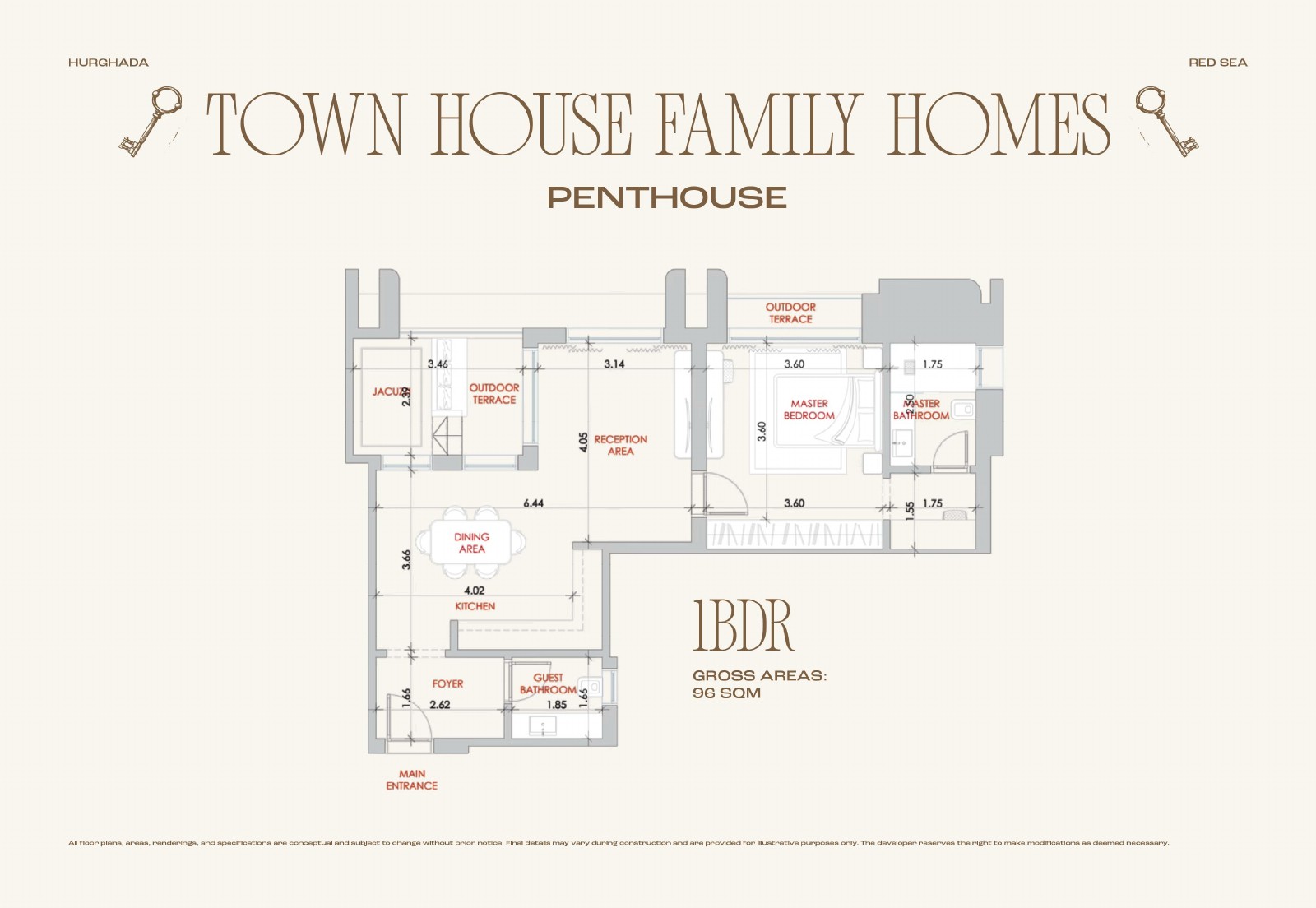 Conceptual floor plan for TH1-P-02, 1-bedroom penthouse