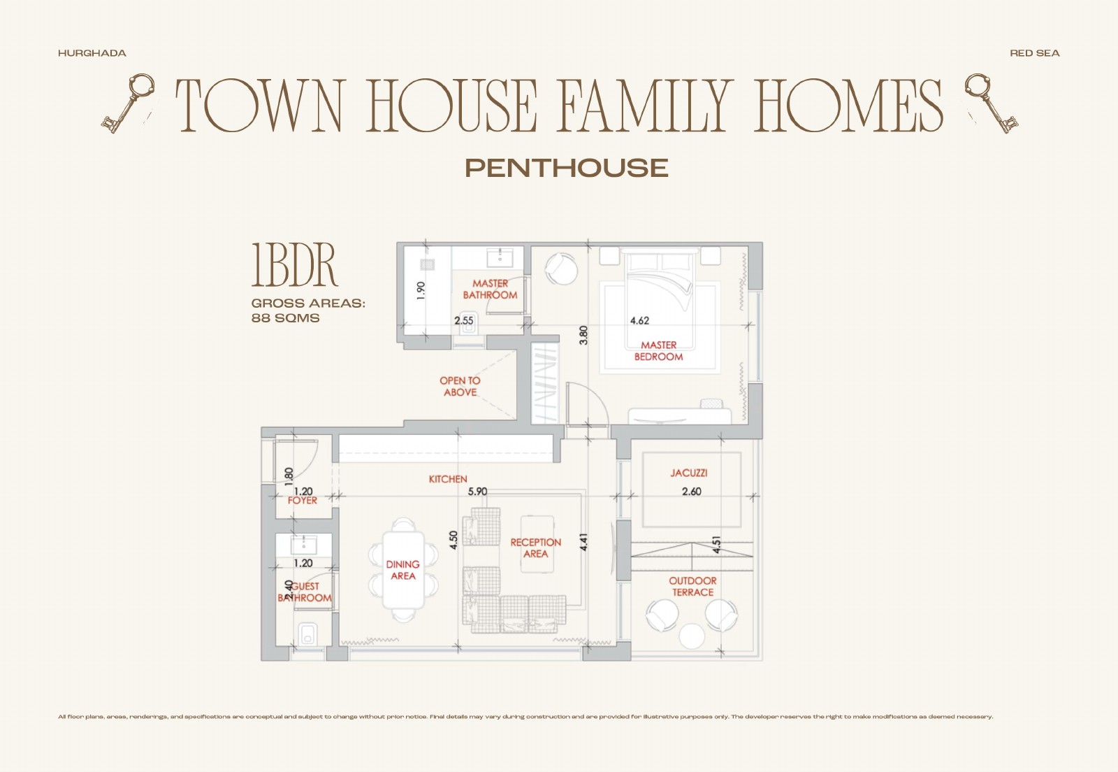 Conceptual floor plan for TH1-P-03, 1-bedroom penthouse